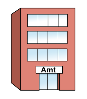 Ein Bürogebäude mit 4 Stockwerken. Über dem Eingang steht Amt.