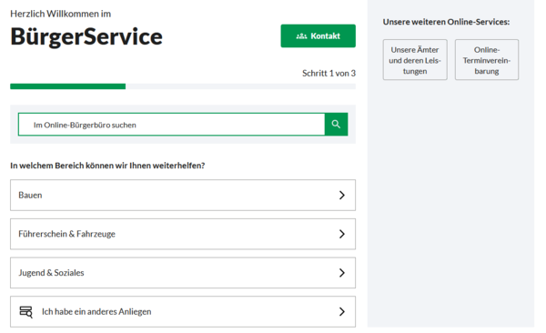 Ein Screenshot vom Menü Bürgerservice.