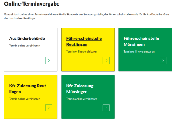 Ein Screenshot von den Kacheln der Online-Terminvergabe.