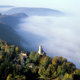 Luftbild auf das Schloss Lichtenstein, seitlich Nebel und Wald