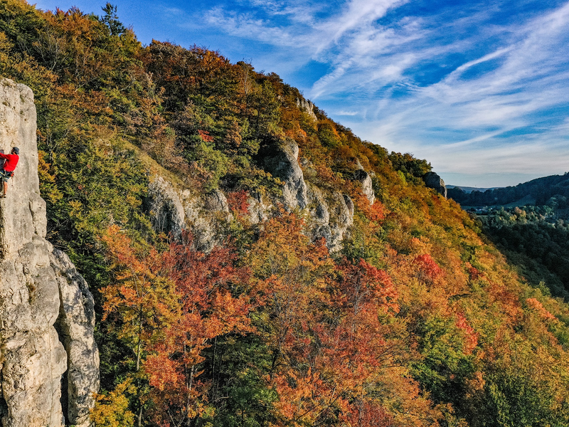 Eine Felslandschaft, die mit Bäumen und Sträuchern bewachsen ist. Die Blätter färben sich orange und gelb. Links an der Felswand ist ein Kletterer.